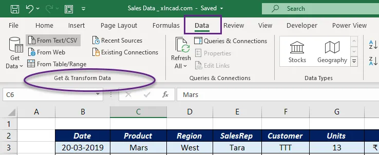 Excel 2016 Data Tab showing Get & Transform Data section